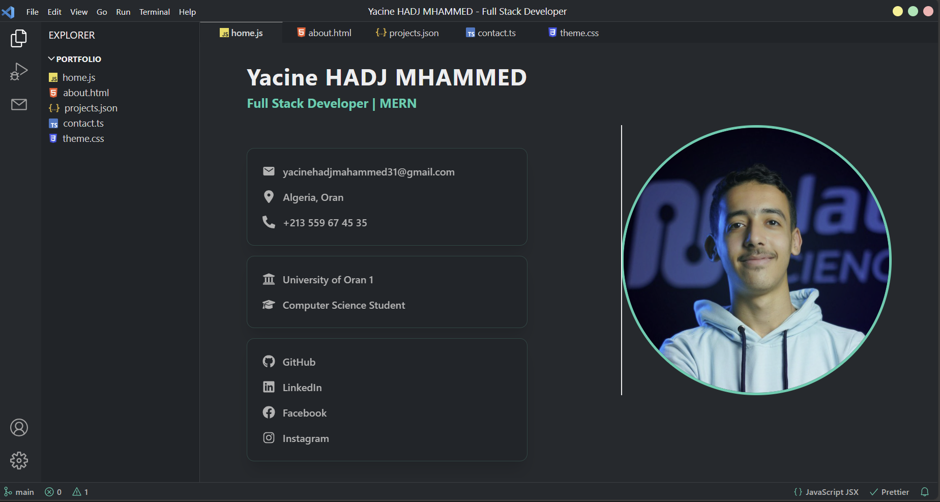 VS Code theme portfolio interface
